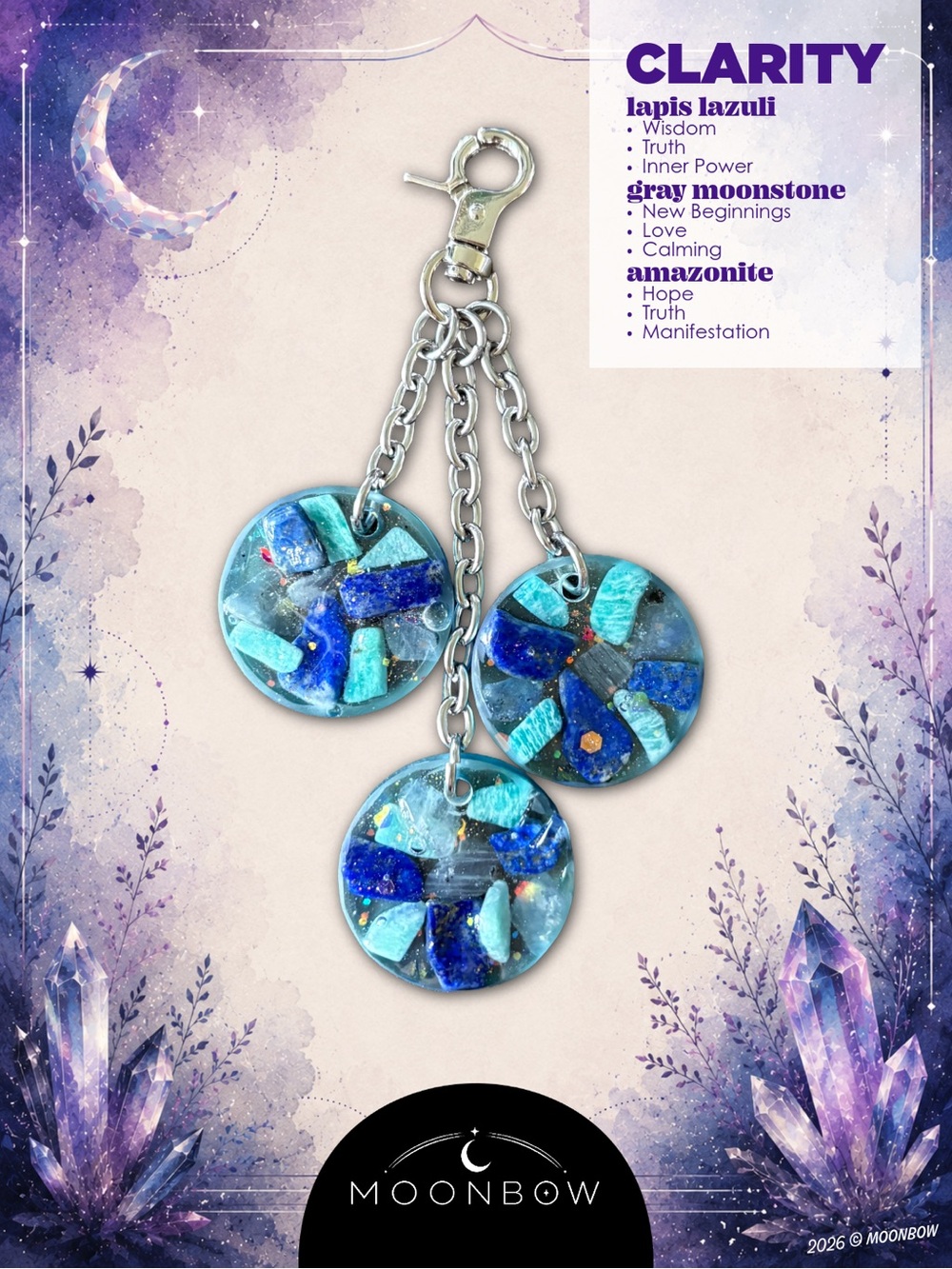 Moonbow Handmade Charm - Lapis Lazuli, Gray Moonstone, Amazonite